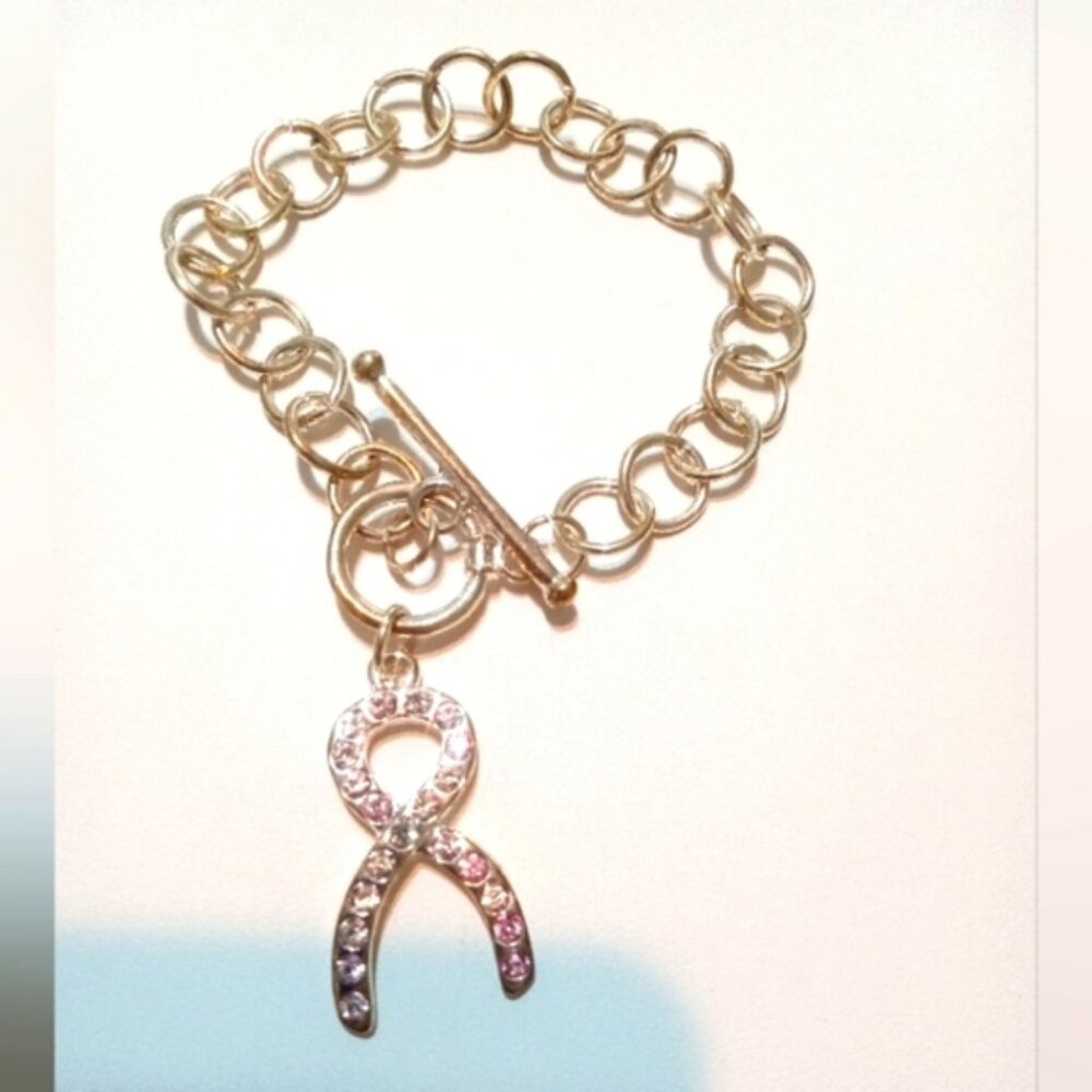 Breast Cancer Awareness Pink Ribbon Charm Bracelet Toggle Closure 8" Silver Tone